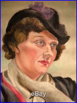 Vintage Oil on Canvas, Lady with Scarf and Hat, 1940's