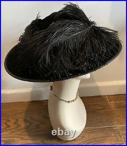 Vintage Ostrich Plumes Feather Hat Womens Black Velvet Wide Brim Derby