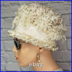Vintage Pearls Millinery Floral Birdcage Cloche Hat 1960s UNION LABEL Cream Pink