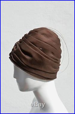 Vintage Pierre Balmain Women's brown pleated TURBAN HAT 60-70's brown silky