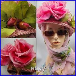 Vintage Pink Straw Cloche Hat Millinery Roses Leaves Grosgain Ribbon Band