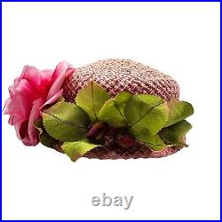 Vintage Pink Straw Cloche Hat Millinery Roses Leaves Grosgain Ribbon Band