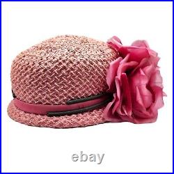 Vintage Pink Straw Cloche Hat Millinery Roses Leaves Grosgain Ribbon Band