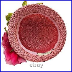Vintage Pink Straw Cloche Hat Millinery Roses Leaves Grosgain Ribbon Band