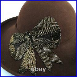 Vintage Private Collection Frank Olive felted wool beaded bow hat women's Large