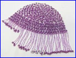 Vintage Purple & Lavender Seed Beads Fringed Skull Cap Cloche Hat Flapper Era