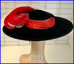 Vintage RARE! 1930s Wide Brim w Red & White Feathers & Hat Pin- BEST & CO