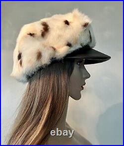 Vintage Rare2Find 100% Real Fur Cream/Brown Round Hat Beret Leather Visor 1-Size