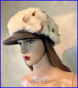 Vintage Rare2Find 100% Real Fur Cream/Brown Round Hat Beret Leather Visor 1-Size