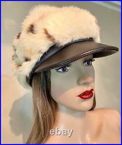 Vintage Rare2Find 100% Real Fur Cream/Brown Round Hat Beret Leather Visor 1-Size