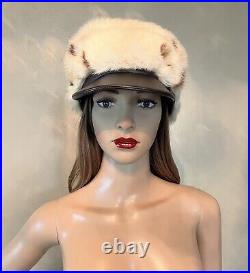 Vintage Rare2Find 100% Real Fur Cream/Brown Round Hat Beret Leather Visor 1-Size