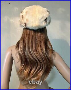 Vintage Rare2Find 100% Real Fur Cream/Brown Round Hat Beret Leather Visor 1-Size