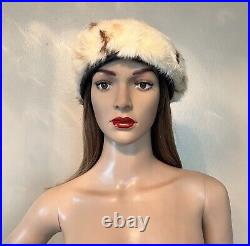 Vintage Rare2Find 100% Real Fur Cream/Brown Round Hat Beret Leather Visor 1-Size