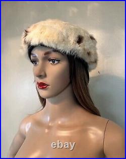 Vintage Rare2Find 100% Real Fur Cream/Brown Round Hat Beret Leather Visor 1-Size