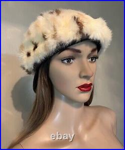 Vintage Rare2Find 100% Real Fur Cream/Brown Round Hat Beret Leather Visor 1-Size