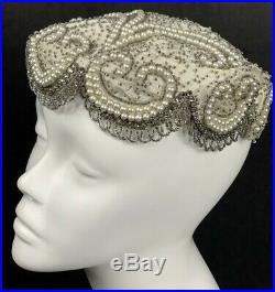 Vintage Rhinestone Bead Hat Pillbox Chapeaux Christine Original Pearls Silk 23