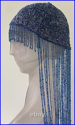 Vintage Royal Blue Purple Floral Hand Beaded Flapper Deco Style Embroidered Cap
