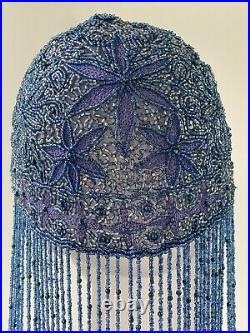 Vintage Royal Blue Purple Floral Hand Beaded Flapper Deco Style Embroidered Cap