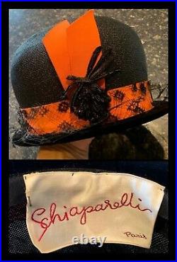 Vintage SCHIAPARELLI PARIS Black Straw Lace And Velvet Ribbon Beaded Hat