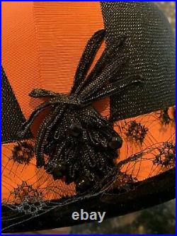 Vintage SCHIAPARELLI PARIS Black Straw Lace And Velvet Ribbon Beaded Hat