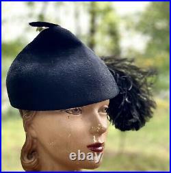 Vintage Schiaparelli Fur Felt Kookie Cone Shaped Hat With Single Ostrich Plume