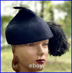 Vintage Schiaparelli Fur Felt Kookie Cone Shaped Hat With Single Ostrich Plume
