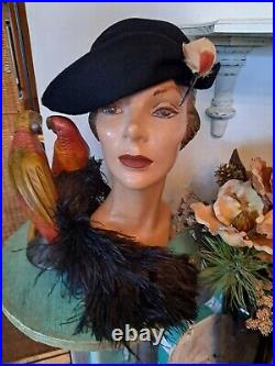 Vintage Schiaparelli Womans Aysemmetric Hat Blk Felt Faux Bird Harlequin Design