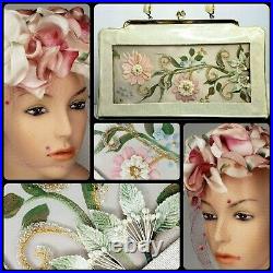 Vintage Silk Rose 50s Fascinator Hat & Vinyl Floral Millinery Handbag Lorsey's