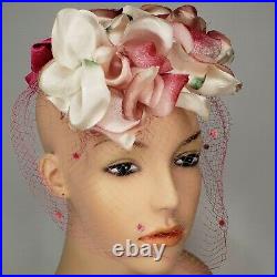 Vintage Silk Rose 50s Fascinator Hat & Vinyl Floral Millinery Handbag Lorsey's