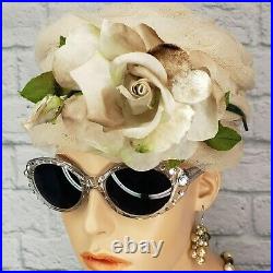 Vintage Silk Rose Tulle Hat 1950s Pillbox Hat Velvet Flapper Wedding Tea Party D