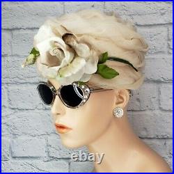 Vintage Silk Rose Tulle Hat 1950s Pillbox Hat Velvet Flapper Wedding Tea Party D