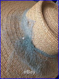 Vintage Straw Hat Large Brim Natural Colour French Net Pearl Hat Pin Excellent