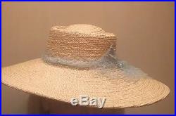 Vintage Straw Hat Large Brim Natural Colour French Net Pearl Hat Pin Excellent