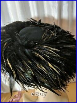 Vintage Stunning Hat Black Joe Bill Miller Large Exotic Ostrich Feathers 8 Ex