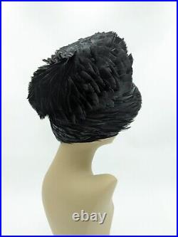 Vintage Stunning Kutz Black Feathered Bucket Cloche Hat withBox 60s Mod Elegance