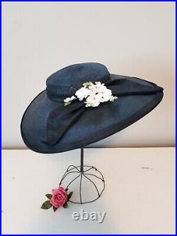 Vintage Styled by Genni Black Woven Picture Hat with White Flowers circa 1930's