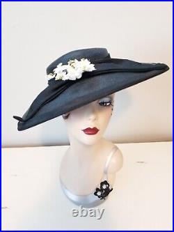 Vintage Styled by Genni Black Woven Picture Hat with White Flowers circa 1930's