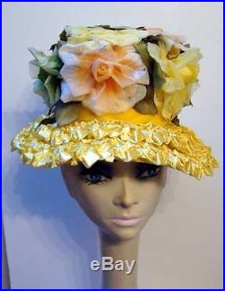 Vintage TOBY OF LONDON Yellow StrawithFloral Fantasy Hat