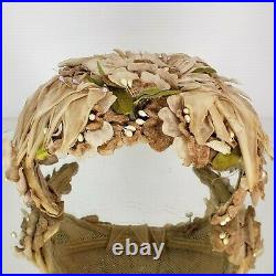 Vintage Taupe Fascinator Hat Millinery Floral Pearl 1950s Wedding Costume Whimsy