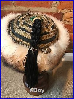 Vintage Thai Fur Cap Turban Tassle Gold Netting Brass Hat Pin Green black velvet