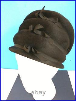 Vintage Three Tier Black Wool Felt Cloche Hat Bullock's Wilshire French Room