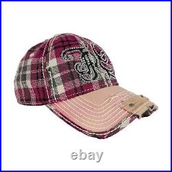 Vintage True Religion Hat Ball Cap Y2K Distressed Plaid Bling Rhinestone Pink OS