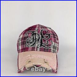 Vintage True Religion Hat Ball Cap Y2K Distressed Plaid Bling Rhinestone Pink OS