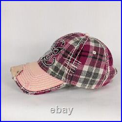 Vintage True Religion Hat Ball Cap Y2K Distressed Plaid Bling Rhinestone Pink OS