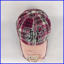 Vintage True Religion Hat Ball Cap Y2K Distressed Plaid Bling Rhinestone Pink OS