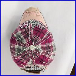 Vintage True Religion Hat Ball Cap Y2K Distressed Plaid Bling Rhinestone Pink OS