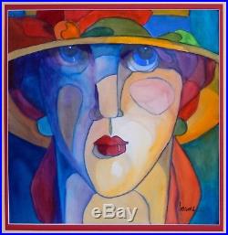 Vintage Watercolor Painting by Tom Barnes Woman Portrait Lady in Hat 2003