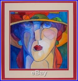 Vintage Watercolor Painting by Tom Barnes Woman Portrait Lady in Hat 2003
