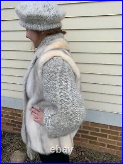 Vintage White Mink Coat Detachable Sleeves Wool Hat Scarf Medium Unique $2500