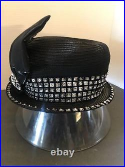 Vintage Whittall & Shon fashion black hat with bow & rhinestones. NWT